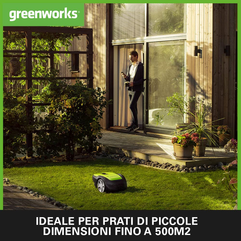 Greenworks Optimow M Rasenmäherroboter für Rasenflächen bis 500 m2 mit 30 % Gefälle, extrem leise, Bluetooth-Appgesteuert, erweiterte Sicherheitsfunktionen, Diebstahlschutz, 3 Jahre Garantie