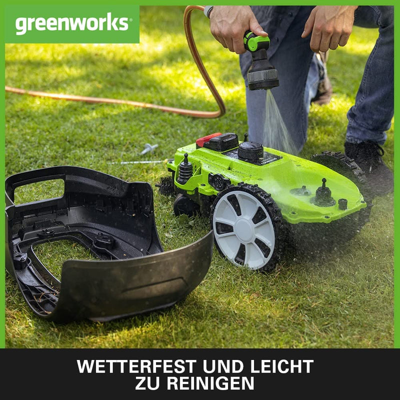 Greenworks Optimow M Rasenmäherroboter für Rasenflächen bis 500 m2 mit 30 % Gefälle, extrem leise, Bluetooth-Appgesteuert, erweiterte Sicherheitsfunktionen, Diebstahlschutz, 3 Jahre Garantie