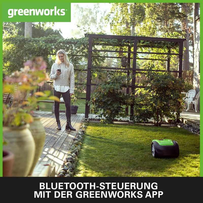 Greenworks Optimow M Rasenmäherroboter für Rasenflächen bis 500 m2 mit 30 % Gefälle, extrem leise, Bluetooth-Appgesteuert, erweiterte Sicherheitsfunktionen, Diebstahlschutz, 3 Jahre Garantie