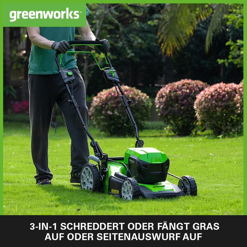 Greenworks 48V (2x24V) Selbstfahrender Akku Rasenmäher für große Flächen bis zu 480m², 46cm Schnittbreite, 55L Sack PLUS zwei 4Ah-Akkus und Doppelladegerät GD24X2LM46SPK4X